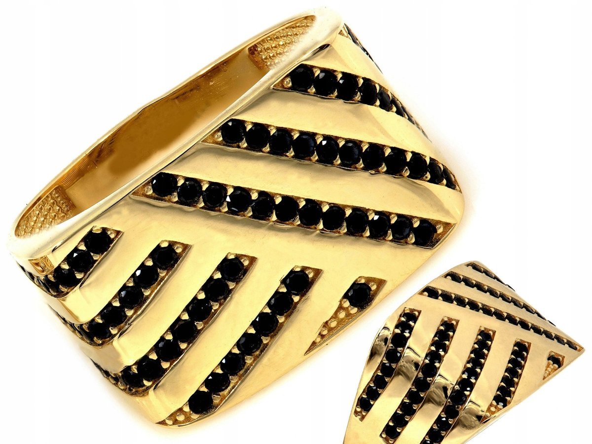 Efektowny szeroki 585 złoty sygnet z czarnymi cyrkoniami 14kt 4.16g R21