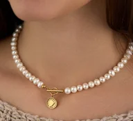 Naszyjniki - Choker / naszyjnik "Coin" z naturalnych pereł słodkowodnych oraz srebra 925 pozłacanego r. XL - miniaturka - grafika 1