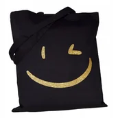 Torby i wózki na zakupy - TORBA bawełniana czarna 220g nadruk UŚMIECH brokat torebka siatka na zakupy - miniaturka - grafika 1