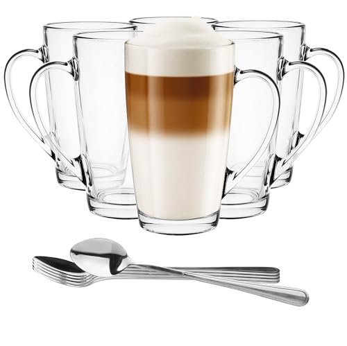 Glasmark KROSNO 1992 Latte Macchiato Szklanki Zestaw 6 szklanek termicznych 400 ml przezroczyste szklane szklanki do herbaty Cappuccino mrożona herbata z uchwytem i łyżką