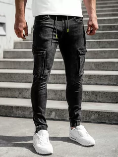 Spodnie męskie - Czarne spodnie jeansowe joggery bojówki męskie Denley KA9582 - grafika 1