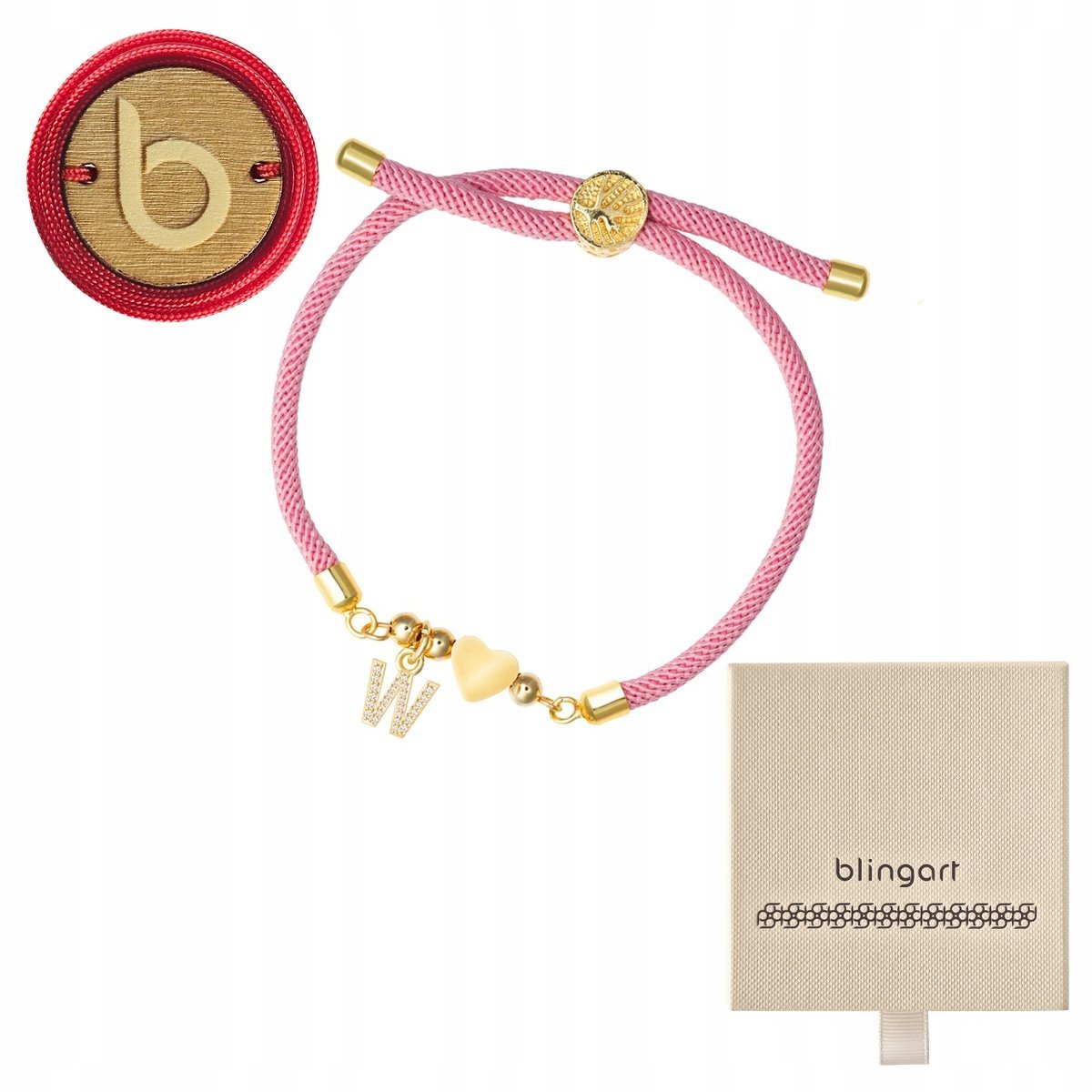 Bransoletka sznurkowa LITERKI serduszko RÓŻOWA regulowana LITERA BLINGART