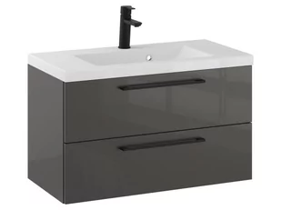 Szafka Wisząca Z Umywalką RON 80 cm - Titan Wysoki Połysk - Uchwyty Czarne Matowe - Szafki łazienkowe - miniaturka - grafika 1