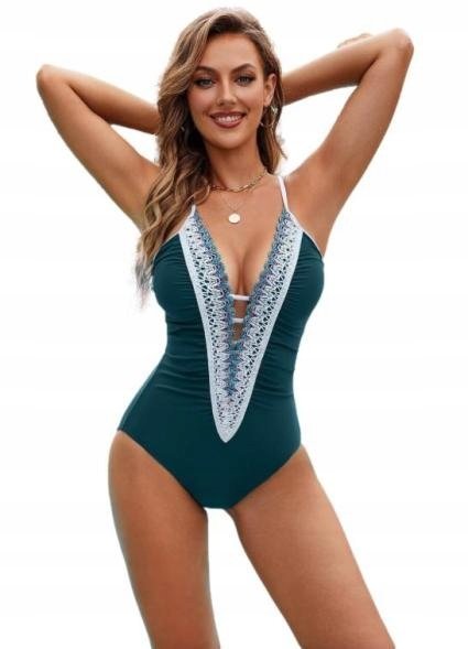 Niebieski Jednoczęściowy Strój Kąpielowy Seksowny Stylowy Zdobiony Dekolt S