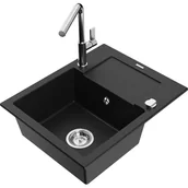 Zlewozmywaki z baterią - Mexen Enzo zlewozmywak granitowy 1-komorowy z ociekaczem i baterią kuchenną Flora, czarny - miniaturka - grafika 1
