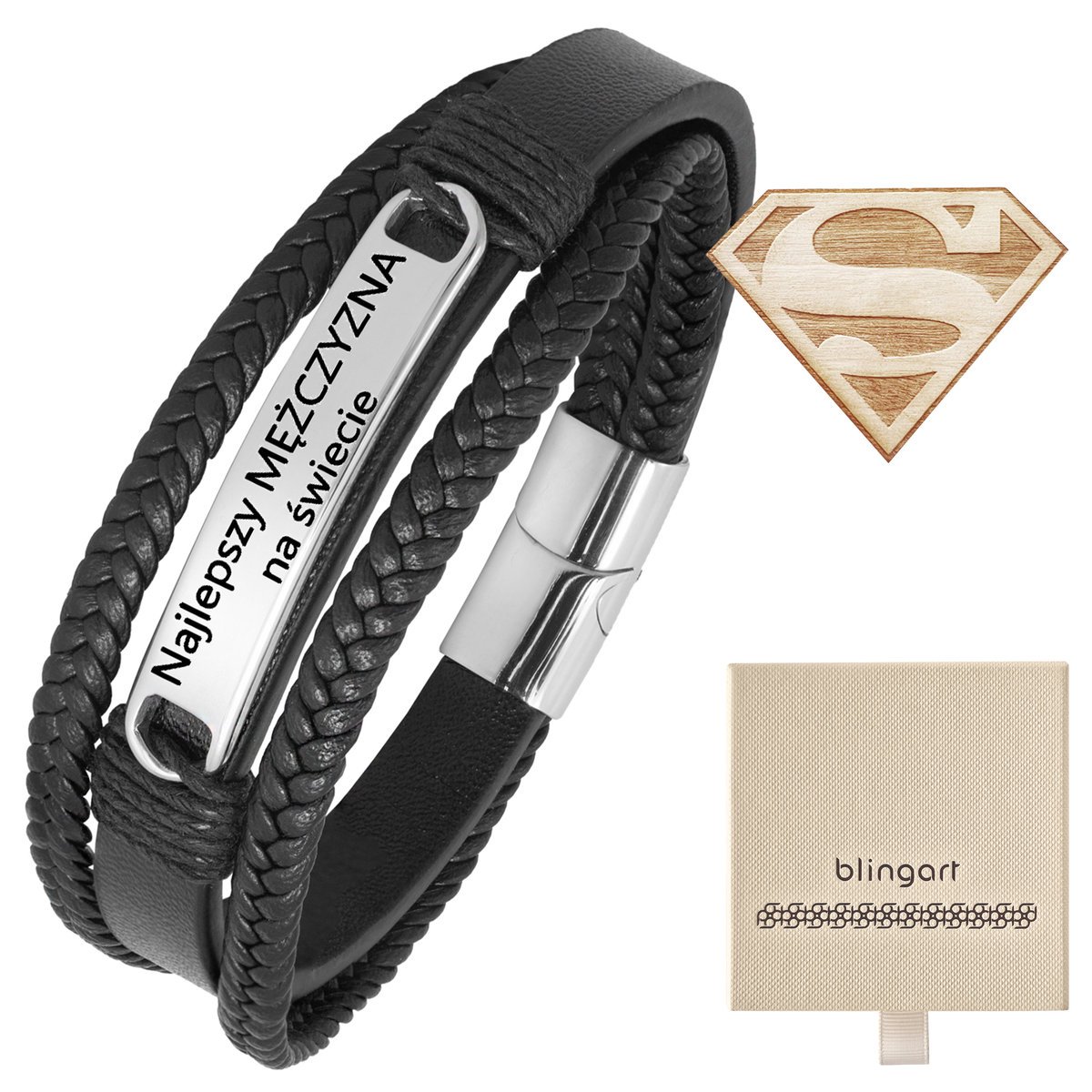 Bransoletka z grawerem skórzana męska plecionka