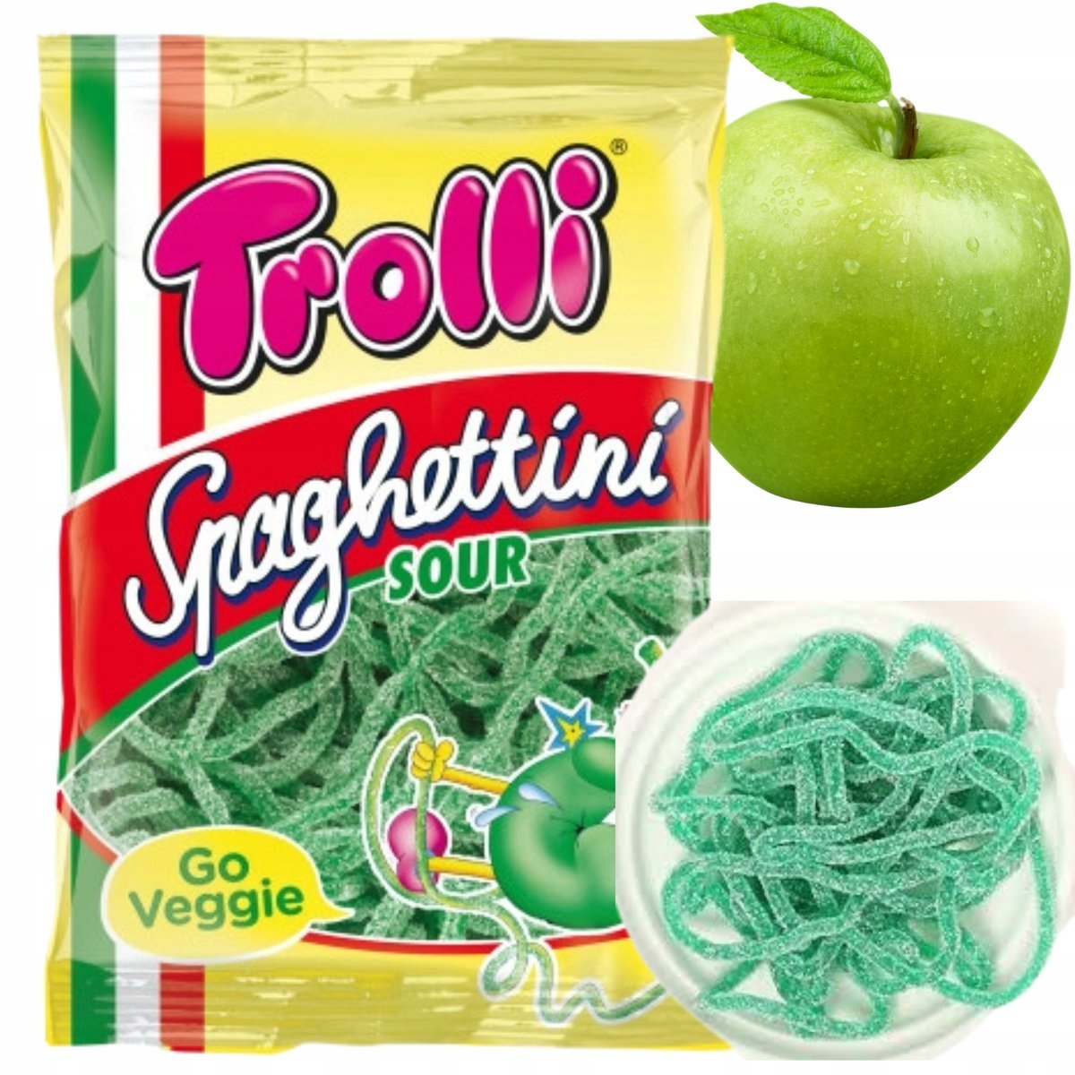 Żelki Spaghettini Jabłko Trolli Makaronowe Orzeźwiający Smak Jabłka 100g