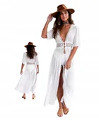 Bluzki damskie - DŁUGA SUKIENKA TUNIKA PLAŻOWA WIĄZANA PAREO NA PLAŻĘ BOHO KORONKA L - miniaturka - grafika 1