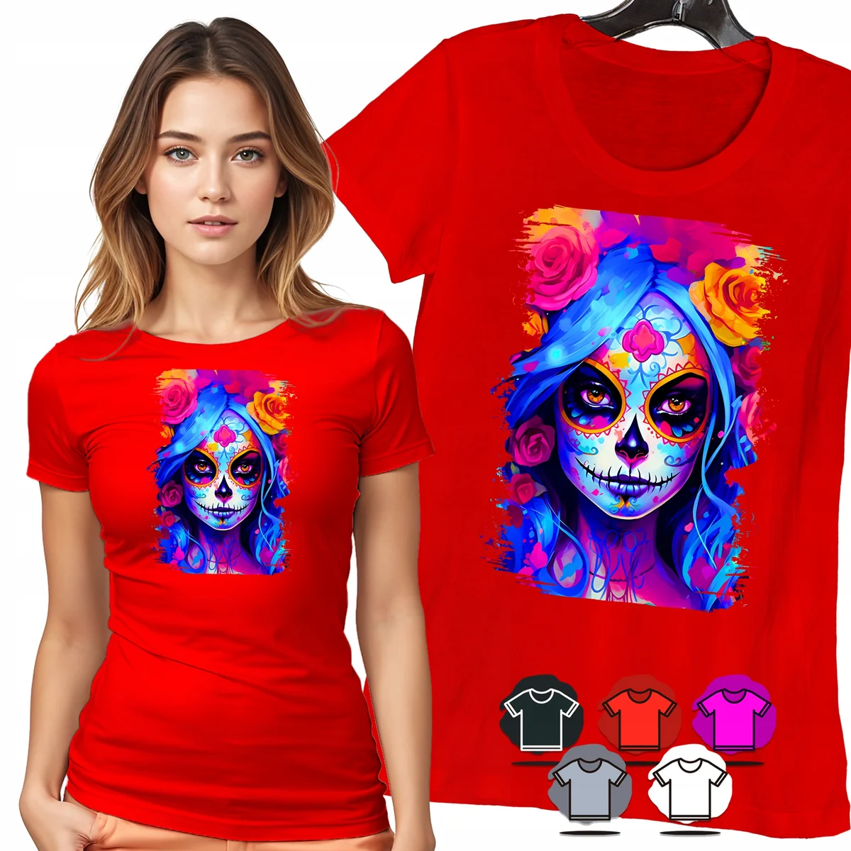 KOSZULKA DAMSKA T-SHIRT - SANTA MUERTE KOLOROWA CZASZKA KWIATY WZÓR - S