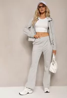 Dresy damskie - Jasnoszary Komplet Dresowy z Bawełny Spodnie Dzwony i Rozpinana Bluza z Kapturem Auim - miniaturka - grafika 1