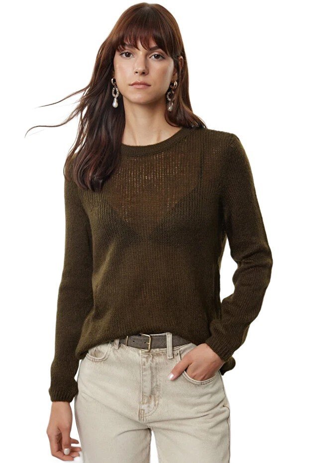 TRENDYOL SWETER DAMSKI Z DŁUGIM RĘKAWEM O KLASYCZNYM FASONIE KHAKI S 5EA*