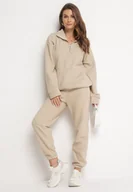 Dresy damskie - Beżowy 2-częściowy Polarowy Komplet Dresowy z Bluzą i Szerokimi Spodniami Aldonor - miniaturka - grafika 1