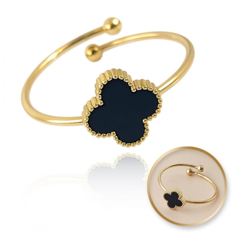 Pierścionek stal chirurgiczna platerowana złotem regulowany, czarna koniczynka PST951