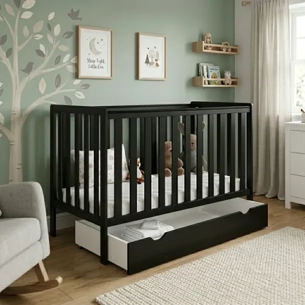 Czarne łóżeczko BAMBI 2w1 120x60 z szufladą barierką i opcją tapczanika