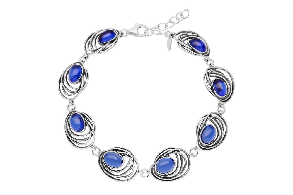 Srebrna bransoletka 925 pleciona regulowana z niebieskimi kamieniami