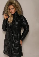 Kurtki damskie - Czarno-Brązowa Pikowana Kurtka o Długim Kroju z Kapturem i Odpinanym Futrem Mocno Ocieplana Lillanea - miniaturka - grafika 1