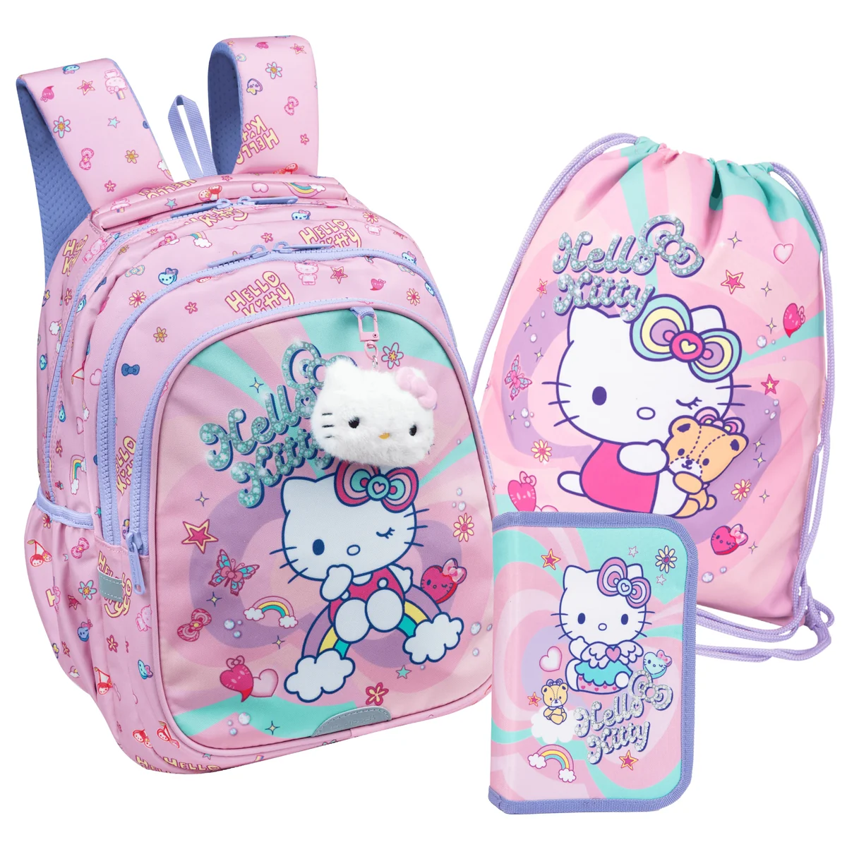 ZESTAW 3 CZĘŚCI HELLO KITTY PLECAK Z TĘCZĄ WOREK PIÓRNIK