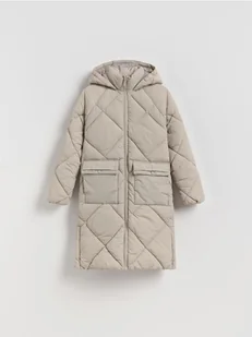 Reserved - Długi pikowany płaszcz z kapturem - beżowy - Kurtki i płaszcze dla dziewczynek - miniaturka - grafika 1