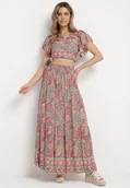 Komplety damskie - Różowy Komplet 2-Częściowy we Wzór Paisley z Wiskozy Spódnica Maxi i Kopertowa Góra Wabila - miniaturka - grafika 1