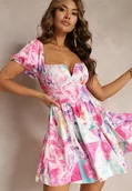 Sukienki - Fuksjowa Rozkloszowana Sukienka Mini z Krótkimi Rękawami i Cienkimi Gumkami Evelilles - miniaturka - grafika 1