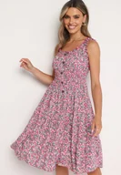 Sukienki - Różowa Rozkloszowana Sukienka z Bawełny Wykończona Gumką w Talii Nelaris - miniaturka - grafika 1