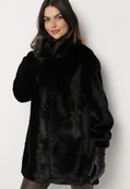 Płaszcze damskie - Czarny Futrzany Płaszcz ze Stójką i Kieszeniami Salinea - miniaturka - grafika 1