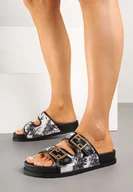 Klapki i japonki damskie - Czarno-Białe Klasyczne Klapki z Paskami ze Sprzączkami Redenelle - miniaturka - grafika 1