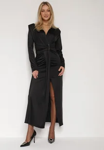 Czarna Elegancka Sukienka z Trenem i Rozcięciem Atissa - Sukienki - miniaturka - grafika 1