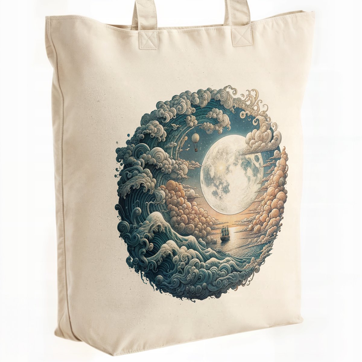 Torba bawełniana premium na zakupy Księżyc Chmury Morze Statek Prezent