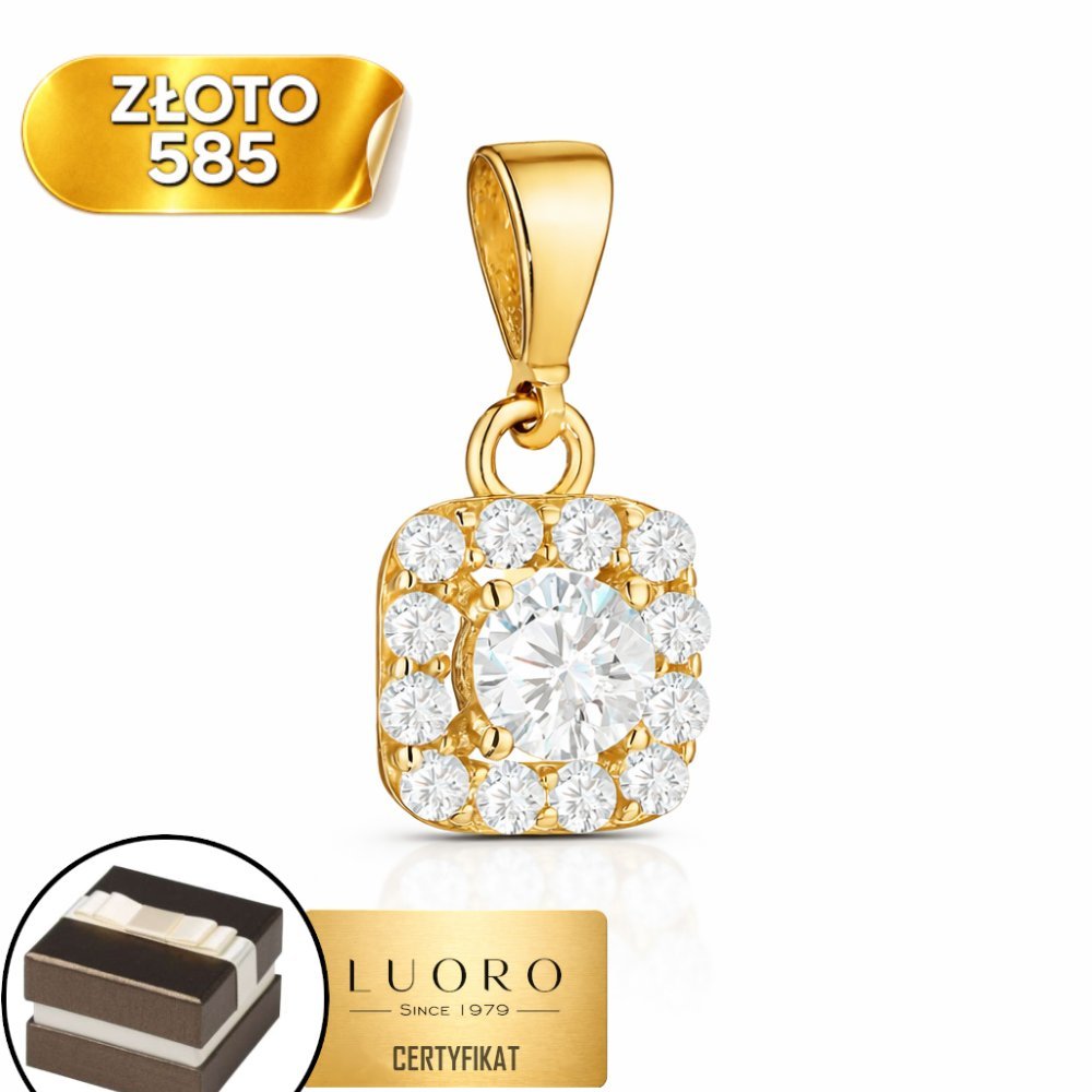 ZAWIESZKA ZŁOTA 585 14K KWADRAT Z CYRKONIAMI 1,5 CM ELEGANCKA DELIKATNA