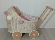 Domki dla lalek - Wózek wiklinowy dla lalek z pościelą BIAŁY pchacz - miniaturka - grafika 1