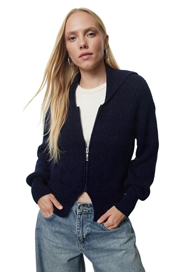 TRENDYOL GRANATOWY SWETER ROZPINANY Z KAPTUREM ZAMEK DOPASOWANY S 5EA*