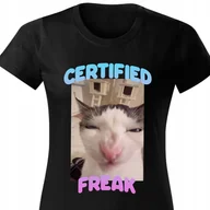Zestawy upominkowe - CZARNA KOSZULKA DAMSKA Krótki Rękaw KOT CERTIFIED FREAK Zabawne Wzory - XS - miniaturka - grafika 1