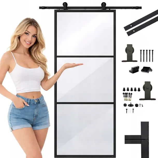 Drzwi Przesuwne Szklane Loft Rama 95x210cm Slim Aluminiowe Zestaw