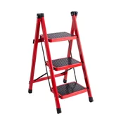 Drabiny - Drabina domowa 3-stopniowa stalowa czerwona składana - miniaturka - grafika 1