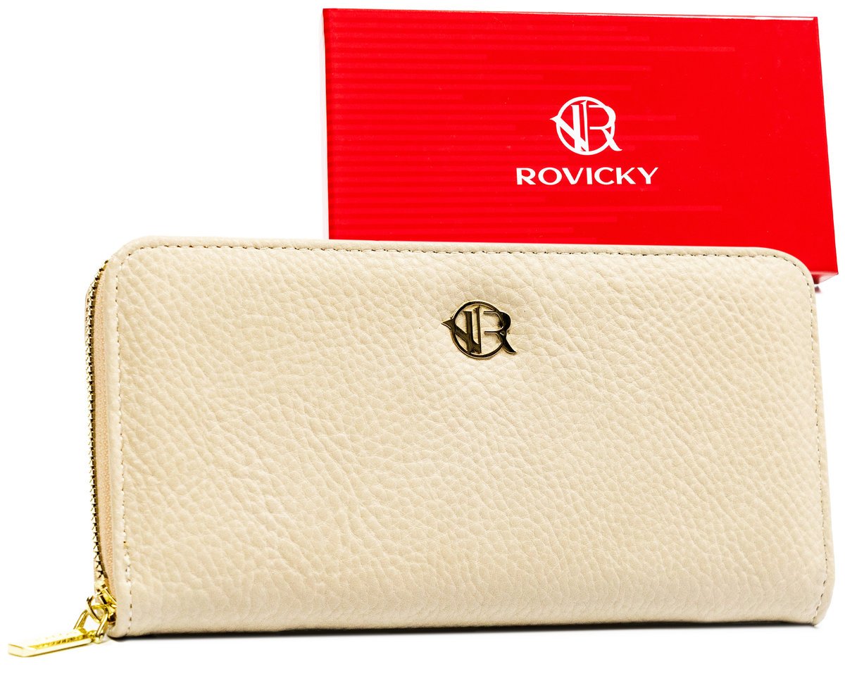 Damski portfel Rovicky na suwak pojemny piórnik na karty i gotówkę modna portmonetka eko, beżowy