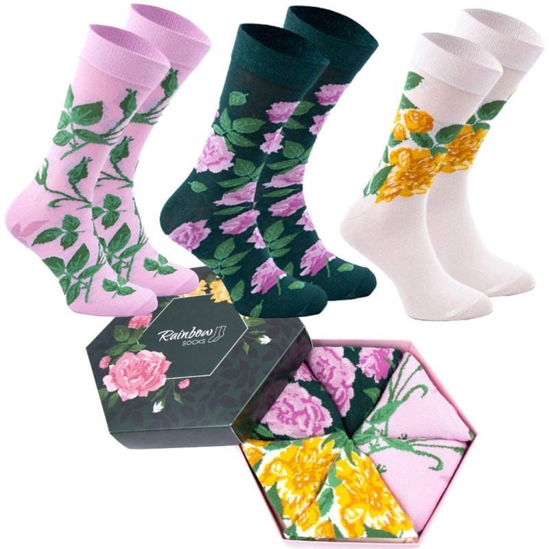 Skarpetki Na Prezent Bawełniane Damskie Ciekawe FlowerBox Rainbow Socks Kwiaty Dla Kobiet 3 Pary 41-46