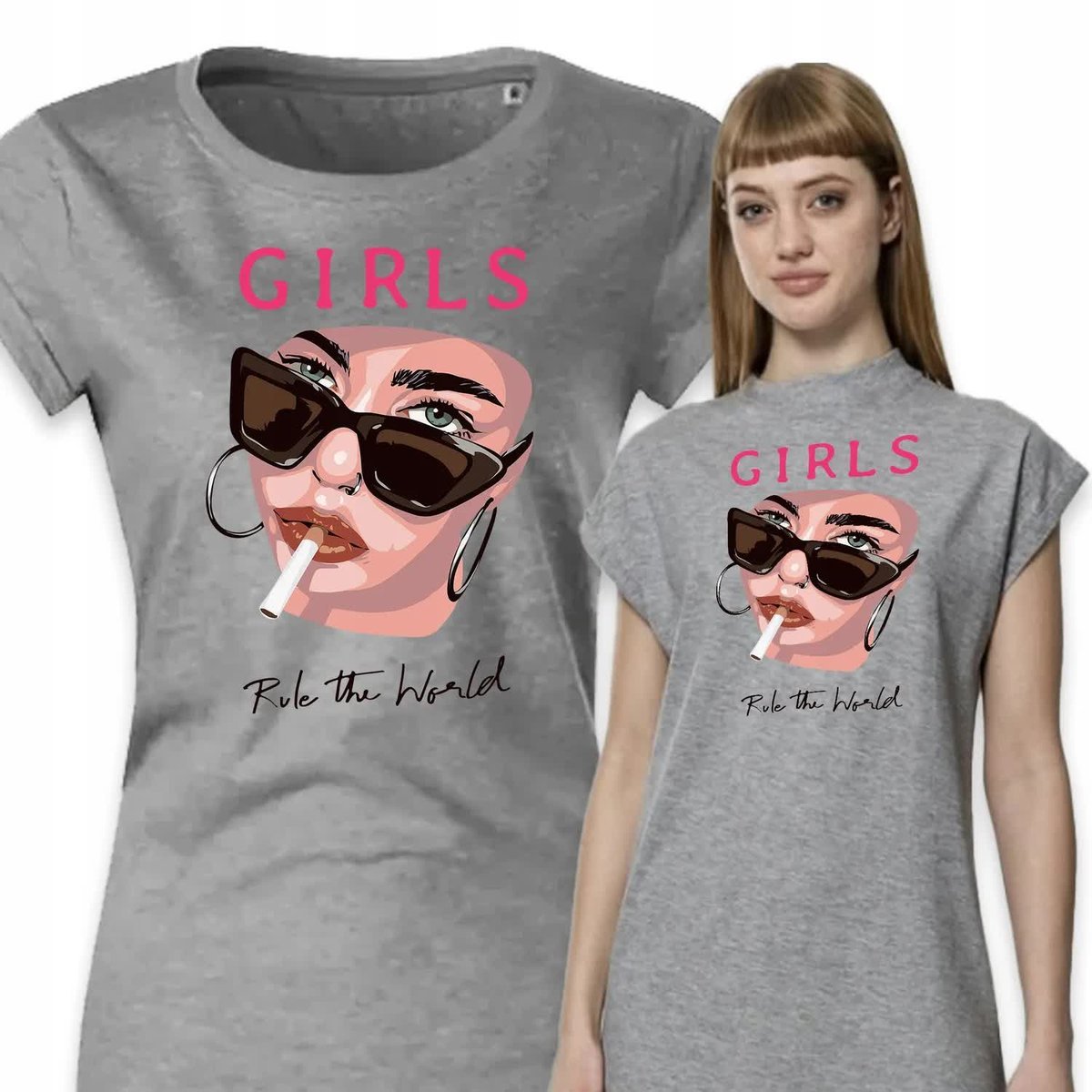 PIŻAMA DAMSKA SZARA Koszula Nocna Na Prezent GIRLS RULE THE WORLD Wzory - S