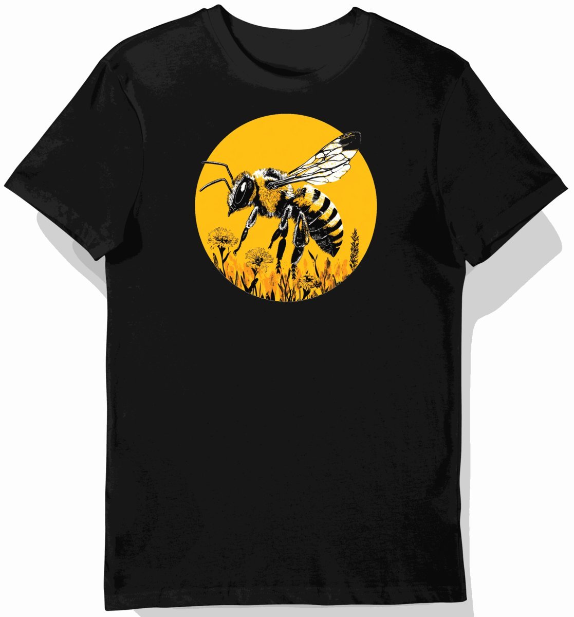 Koszulka męska czarna z motywem pszczoły w polu kwiatów L