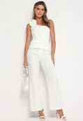 Komplety damskie - Biały 2-Częściowy Komplet Top na Jedno Ramię z Aplikacją Kwiatu Szerokie Spodnie Vimarina - miniaturka - grafika 1