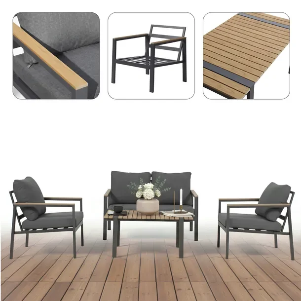 Zestaw Mebli Ogrodowych Z Aluminium Stolik + Sofa + 2 Fotele Meven Szary