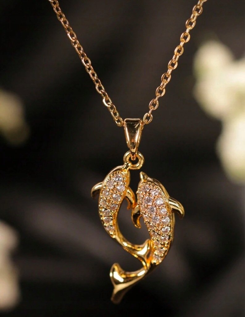 Naszyjnik Wisiorek Delfiny Złote Serce z Diamencikami Delfin Prezent Y2K