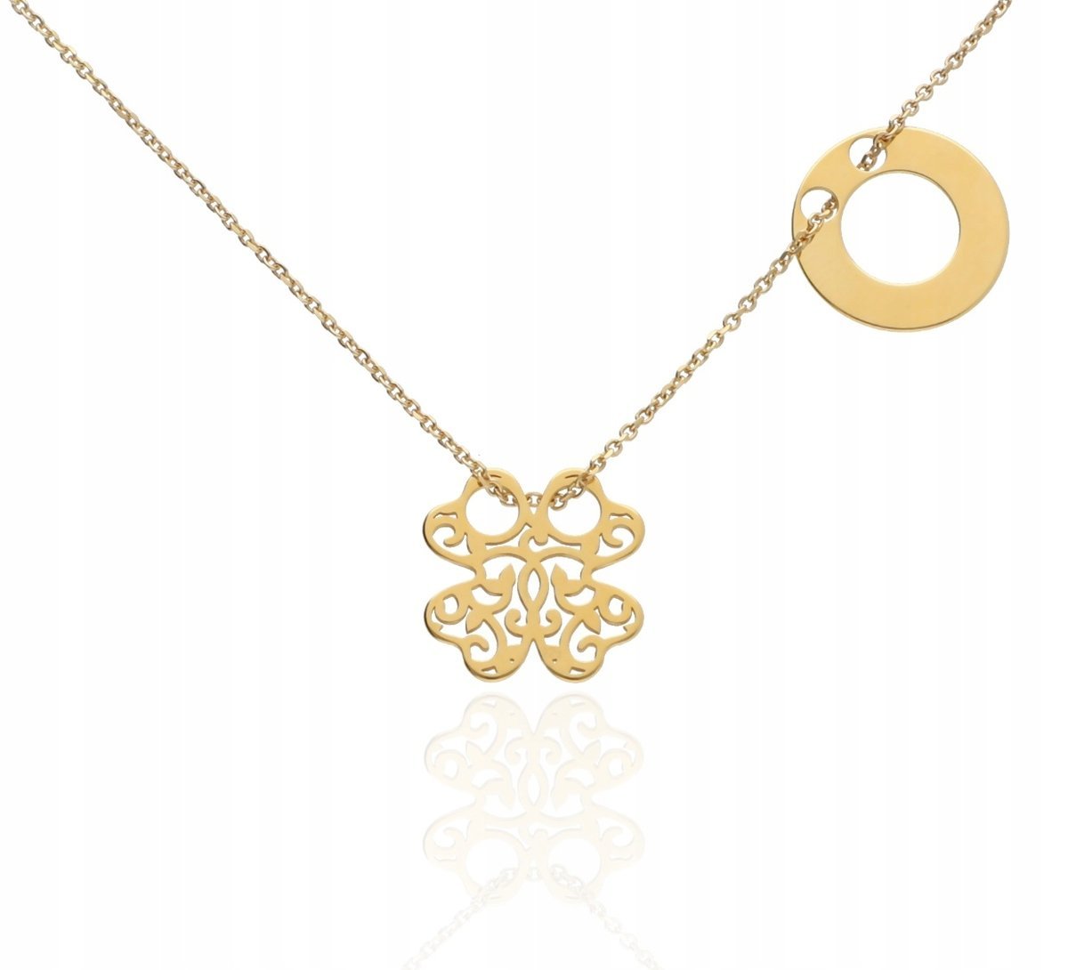 Naszyjnik złoty dwie zawieszki kółko koniczynka ażur srebro 925 50 cm