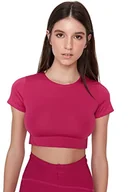 Bluzki damskie - Trendyol Damska odzież sportowa dopasowana standardowa dzianinowa bluzka z okrągłym dekoltem, fuksja, XS - miniaturka - grafika 1