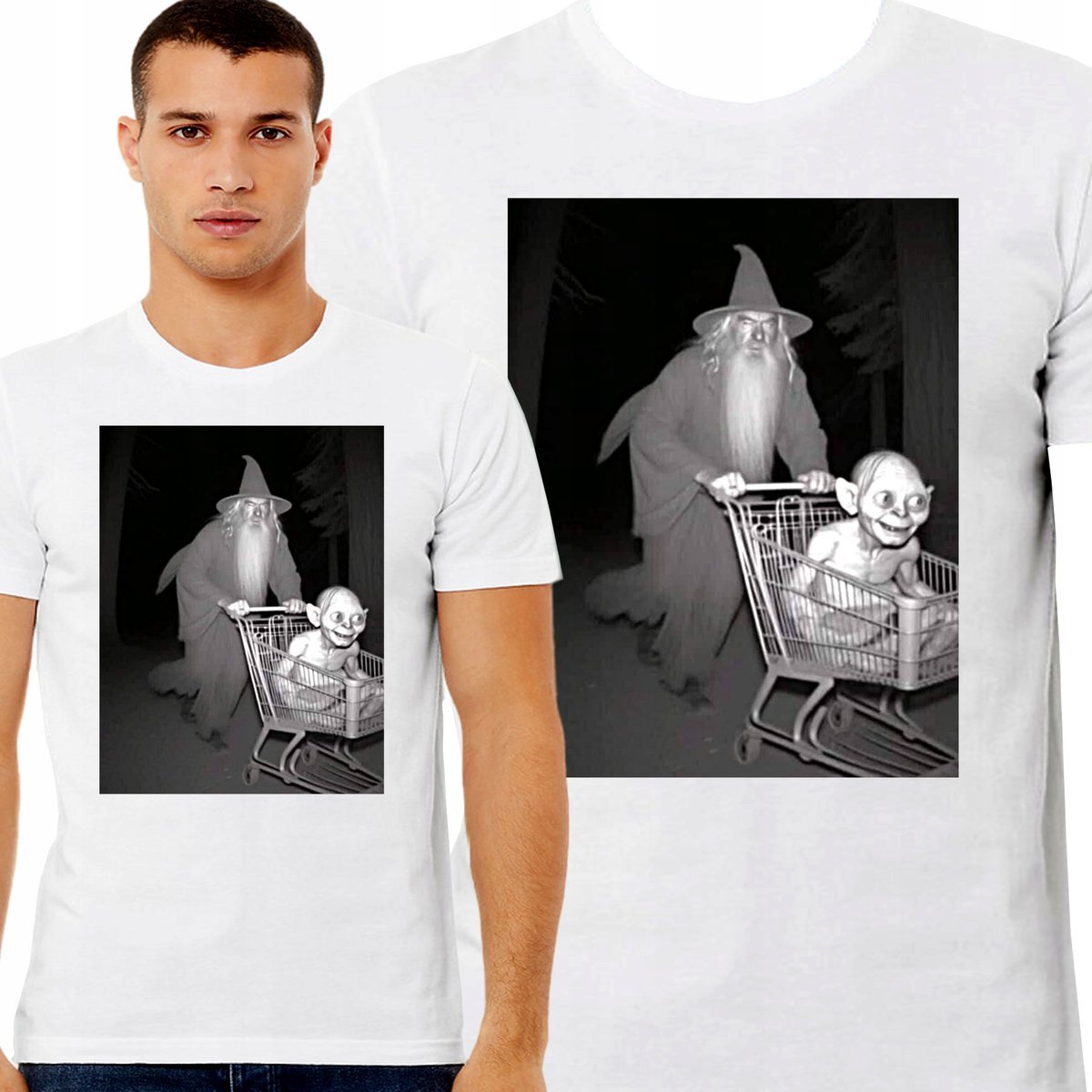 ŚMIESZNA KOSZULKA GANDALF PCHAJĄCY GOLLUMA 3380 L WŁADCA PIERŚCIENI