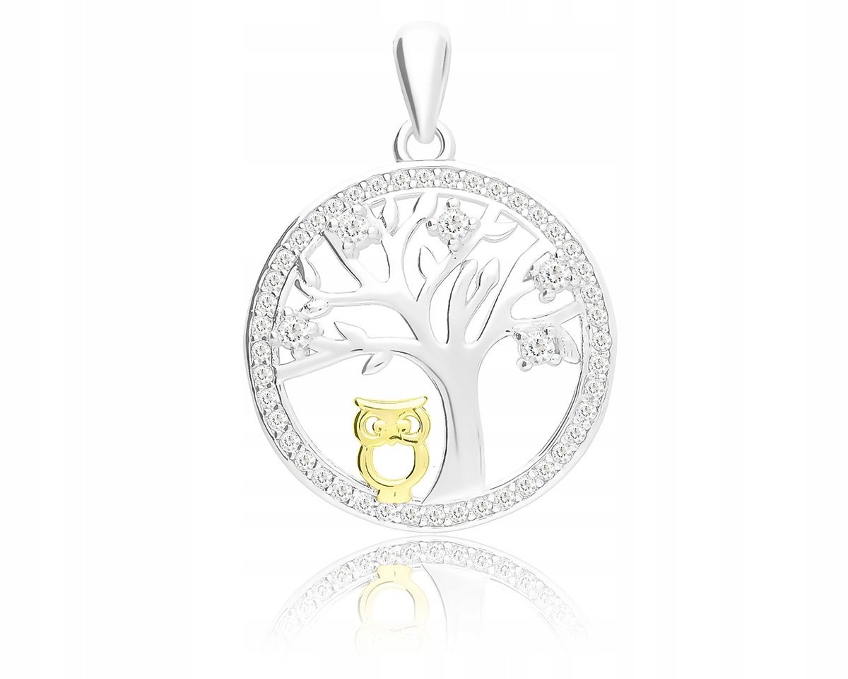 Zawieszka Srebrna Drzewko Szczęścia Sowa Cyrkonie 925 Wisiorek Damski