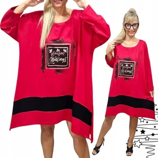 Sukienka tunika złoto napis luźna bawełna czerwona piękna 54 56 7xl 8xl - Bluzki damskie - miniaturka - grafika 1