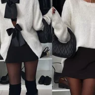 Swetry damskie - TEMU Damski Elegancki Sweter na Jesień i Zimę z Dekoltem w Serek, Długim Rękawem, Okrągłym Dekoltem, Kokardą i Rozcięciem z Tyłu, Jednokolorowy, Styl - miniaturka - grafika 1