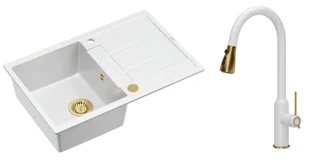 Quadron Unique Zlewozmywak granitowy jednokomorowy 78*50*22 cm z ociekaczem MORGAN 111 SNOW WHITE z syfonem Push-2-Open w kolorze złotym z baterią JESSICA SNOW WHITE z wyciąganą wylewką i funkcją prysznica biały mat/wyk złote - Zlewozmywaki z baterią - miniaturka - grafika 1