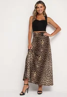 Spódnice - Brązowa Spódnica o Rozkloszowanym Kroju w Panterkę z Marszczeniem w Pasie i Wysokim Stanem Namsilonne - miniaturka - grafika 1